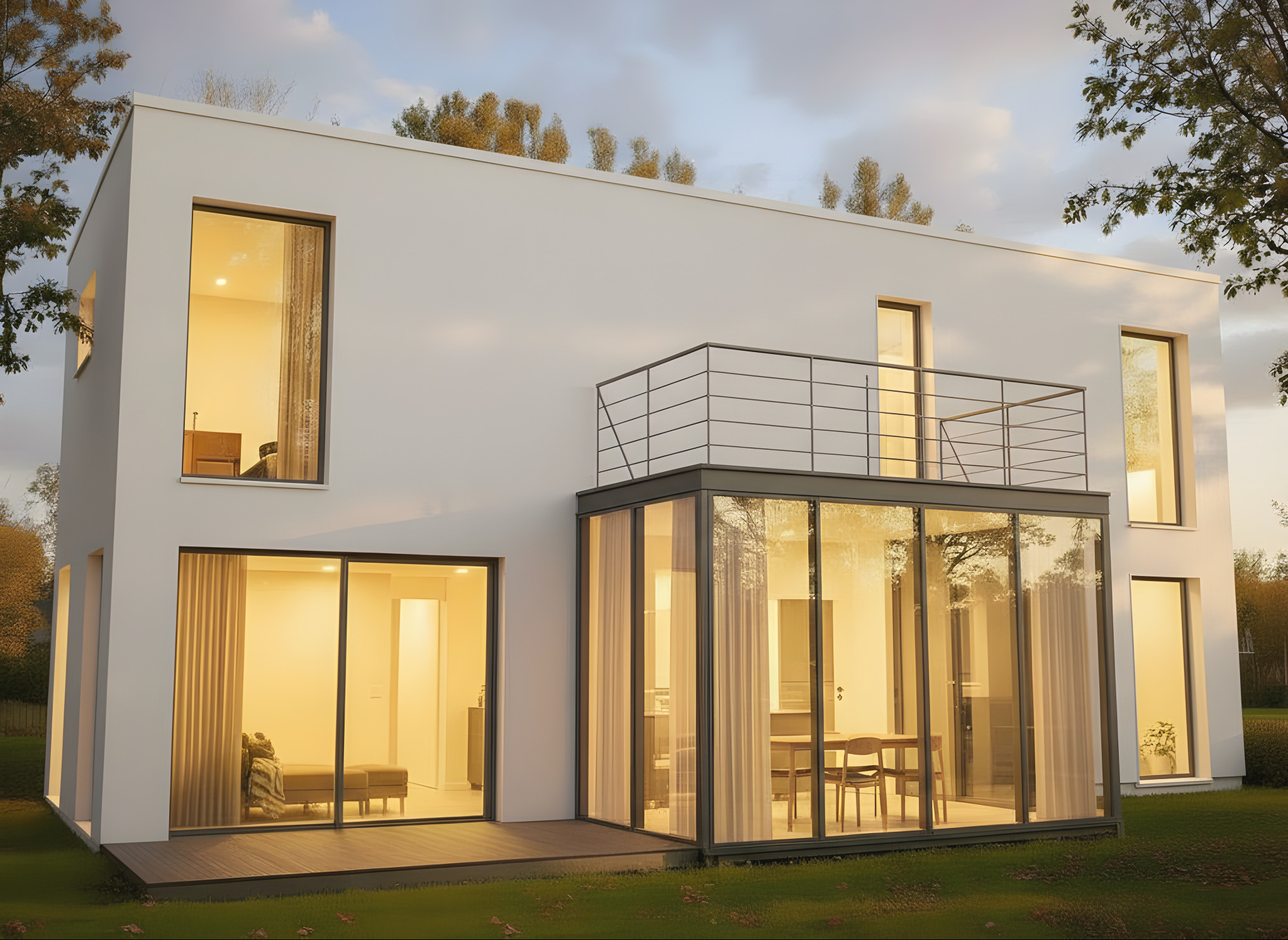 Nowoczesny, dwukondygnacyjny dom z płaskim dachem i przeszkloną werandą. Minimalistyczna bryła, duże okna, balkon z metalową balustradą. Widok z zewnątrz, ciepłe oświetlenie.