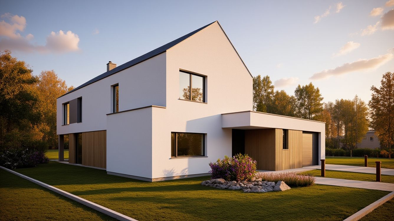 Nowoczesny dom jednorodzinny z białymi ścianami i drewnianą elewacją, otoczony zielonym trawnikiem i jesiennymi drzewami w ciepłym, popołudniowym świetle.