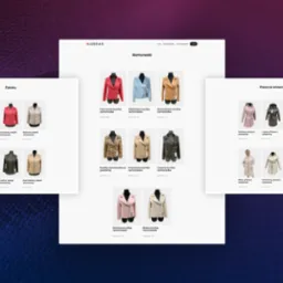 Prezentacja strony internetowej KARDAS z kolekcją ubrań (żakiety, kurtki, płaszcze) na tle gradientu fioletu. Układ strony z podziałem na kategorie.