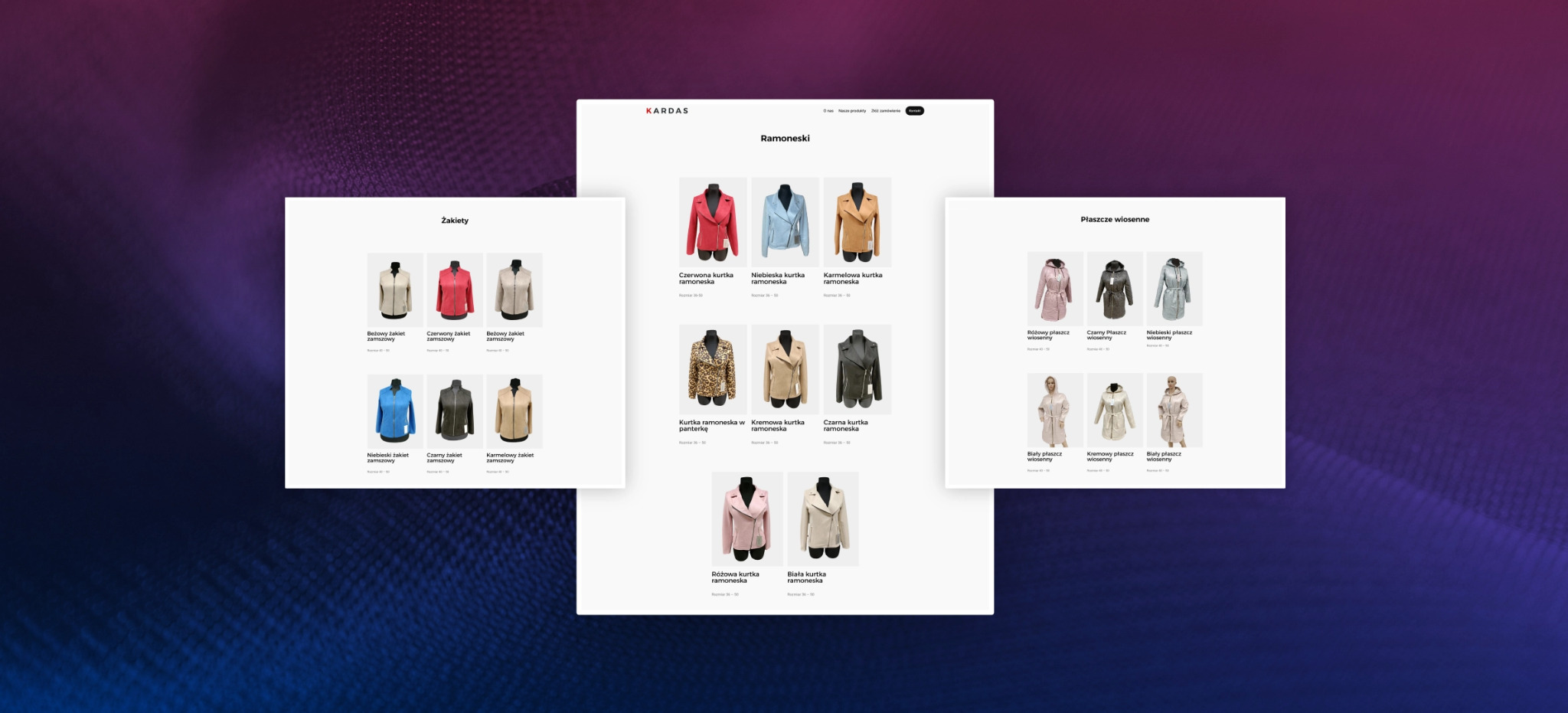 Prezentacja strony internetowej KARDAS z kolekcją ubrań (żakiety, kurtki, płaszcze) na tle gradientu fioletu. Układ strony z podziałem na kategorie.