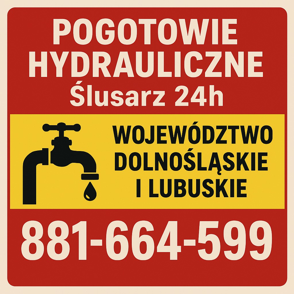 Grafika informacyjna: 'Pogotowie hydrauliczne, ślusarz 24h, województwo dolnośląskie i lubuskie', numer telefonu i ikona kranu z kroplą na czerwono-żółtym tle.