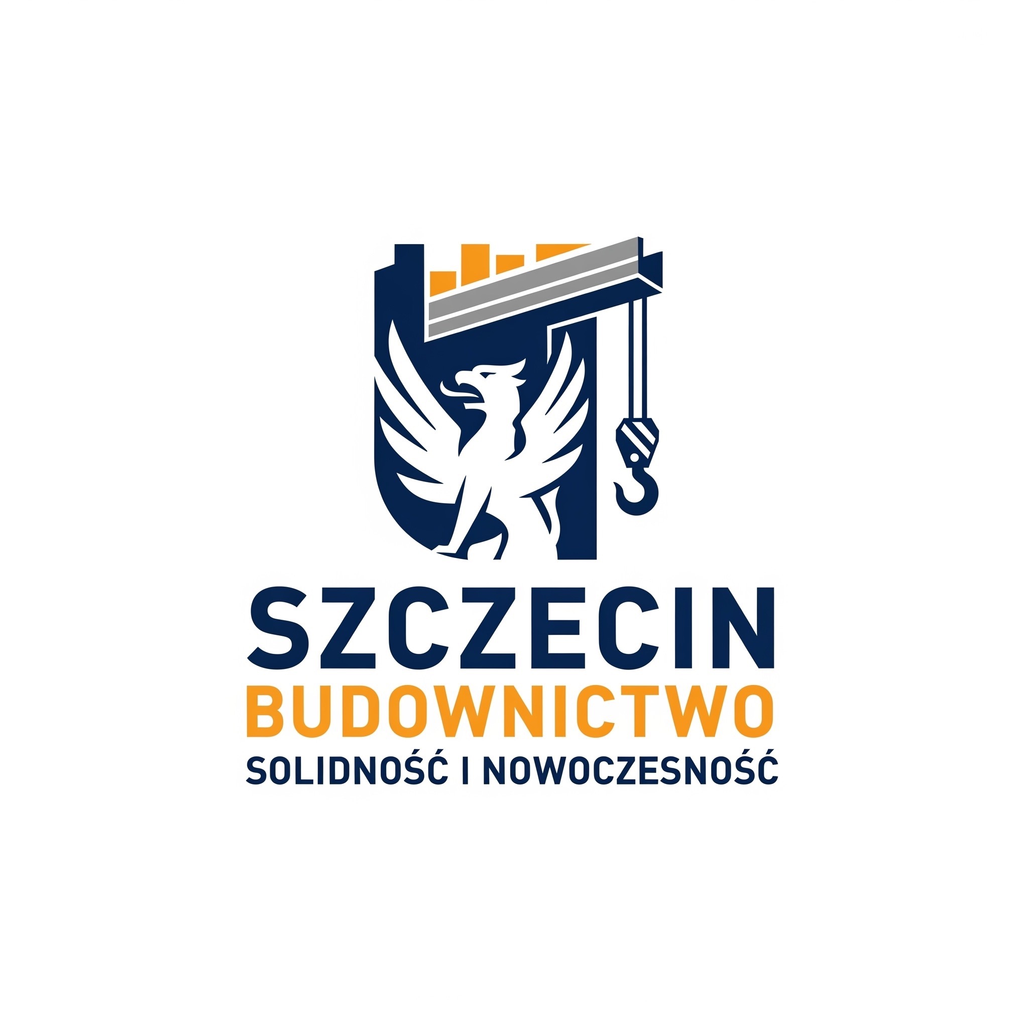Logo firmy budowlanej ze Szczecina: stylizowany herb z gryfem, dźwigiem i budynkami. Napis 'Szczecin Budownictwo' oraz hasło 'Solidność i Nowoczesność'.