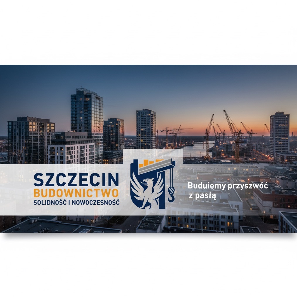 Panorama Szczecina o zmierzchu z dźwigami i nowoczesnymi budynkami. Logo firmy budowlanej na pierwszym planie: solidność i nowoczesność.