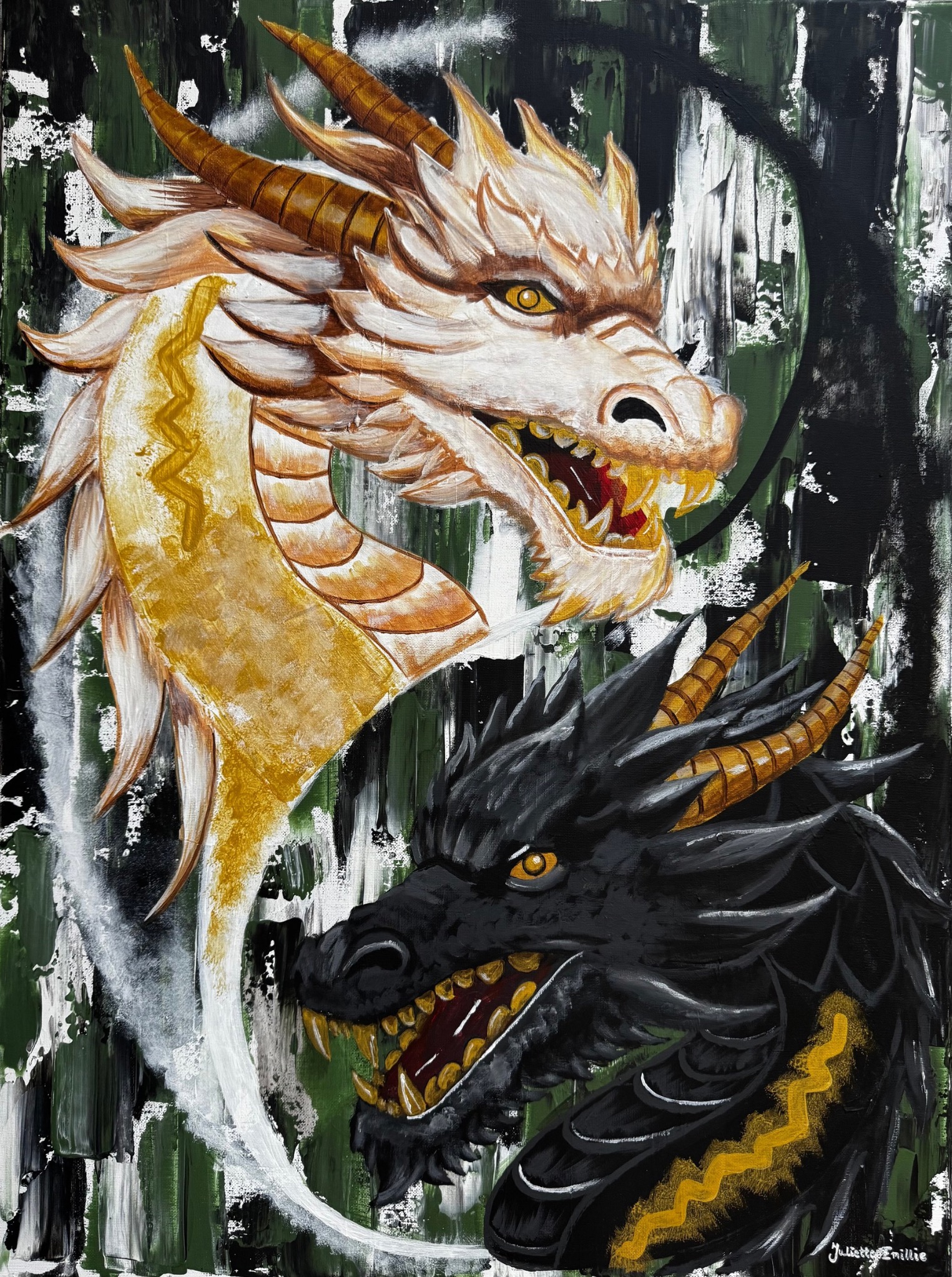 Obraz akrylowy przedstawia yin yang z głowami białego i czarnego smoka z rogami na abstrakcyjnym tle w odcieniach zieleni, czerni i bieli. Wyraziste kolory.