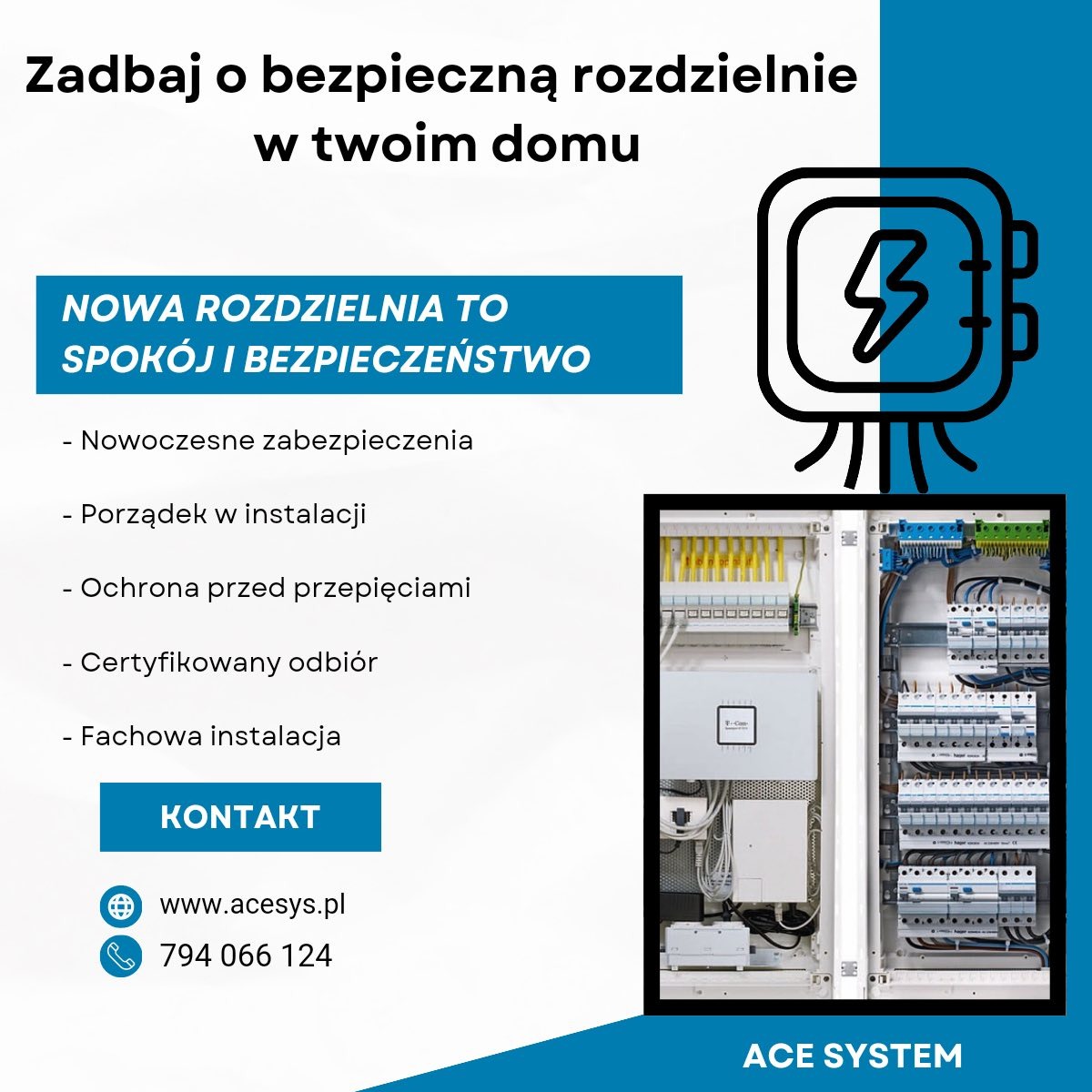 Rozdzielnia elektryczna w obudowie, widoczne zabezpieczenia i porządek w instalacji. Grafika informuje o nowoczesnych zabezpieczeniach i certyfikowanym odbiorze.