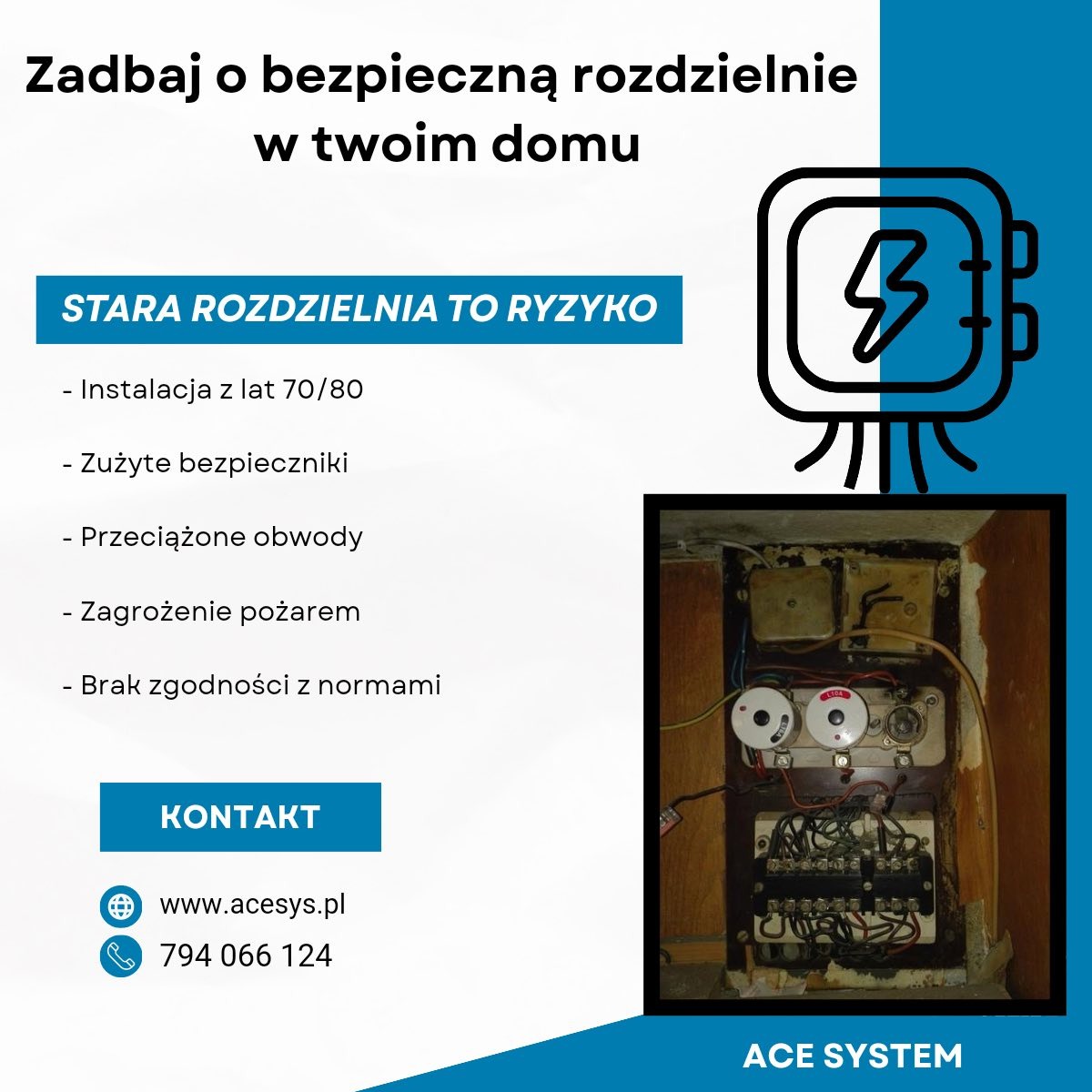 Grafika reklamowa: Stara rozdzielnia elektryczna w drewnianej obudowie, zużyte bezpieczniki, zagrożenie pożarem. Kontakt do firmy ACE SYSTEM.