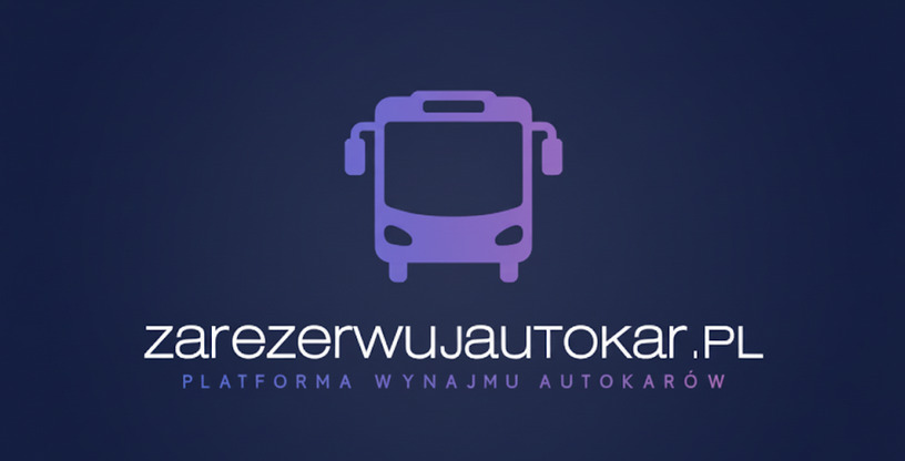 Grafika z fioletowym symbolem autobusu i tekstem 'zarezerwujautokar.pl' na ciemnoniebieskim tle, promująca platformę wynajmu autokarów.