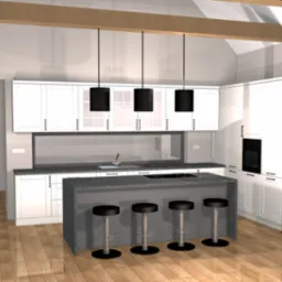 Wizualizacja białej kuchni z wyspą i czterema hokerami, oświetlonej trzema czarnymi lampami wiszącymi. Widoczne drewniane belki stropowe i podłoga.