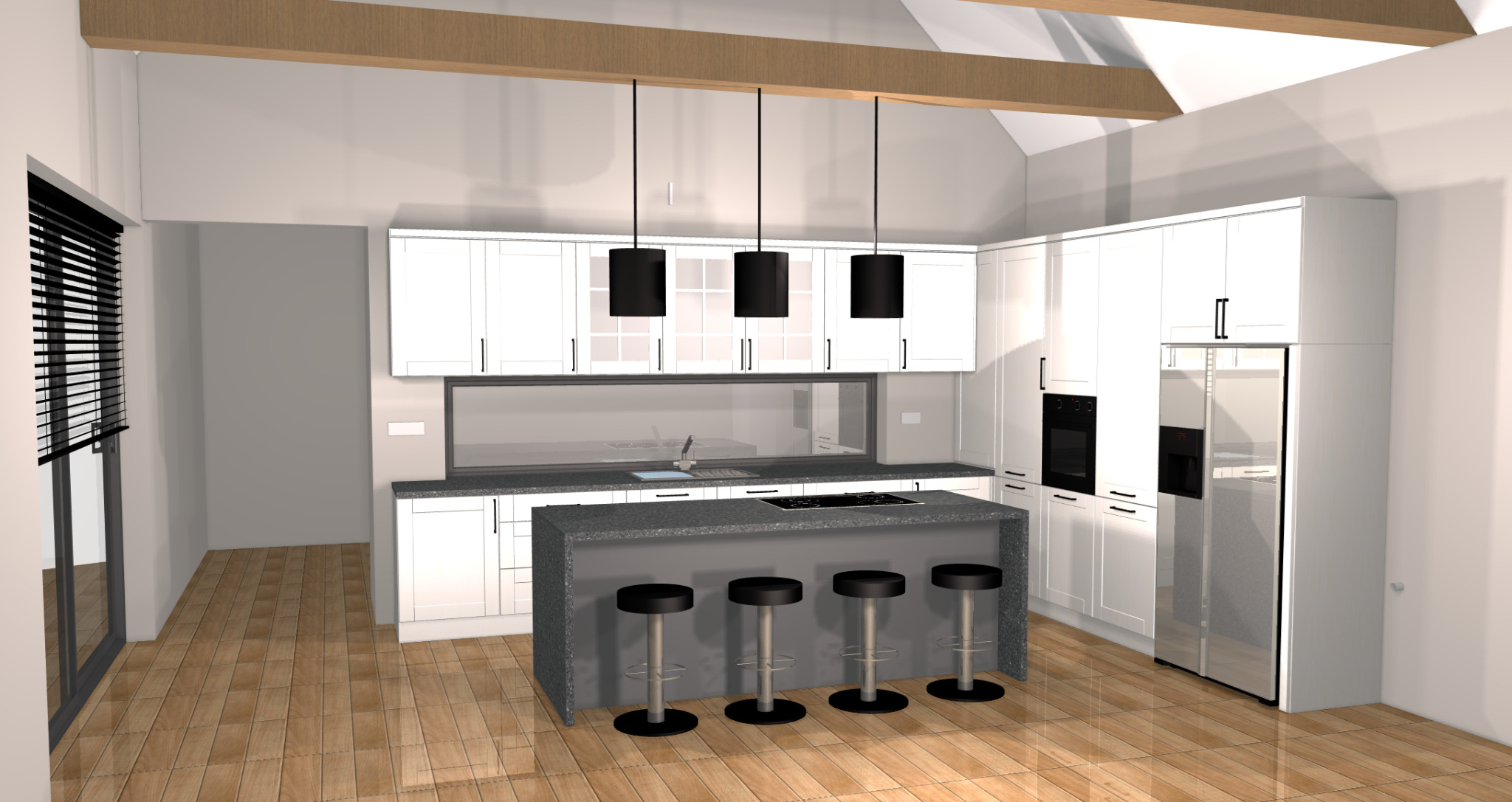 Wizualizacja białej kuchni z wyspą i czterema hokerami, oświetlonej trzema czarnymi lampami wiszącymi. Widoczne drewniane belki stropowe i podłoga.