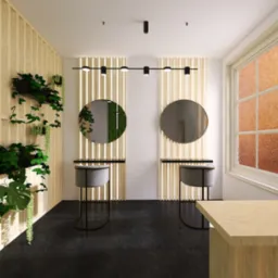 Salon fryzjerski w jasnych barwach z drewnianymi panelami, okrągłymi lustrami i roślinami doniczkowymi, oświetlony lampami sufitowymi. Nowoczesny design.