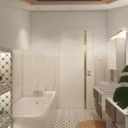 Nowoczesna łazienka z białą wanną, umywalką na szafce z drewnianymi akcentami i dekoracyjnymi płytkami. Oświetlenie LED i roślina doniczkowa dodają wnętrzu przytulności.