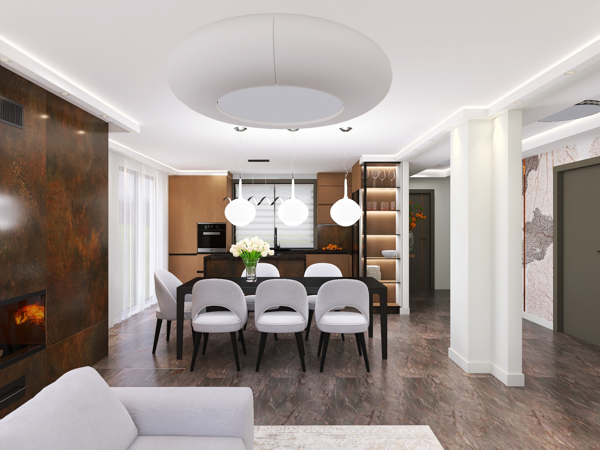 Nowoczesna jadalnia z ciemnym stołem i krzesłami, oświetlona lampą sufitową. W tle widać kuchnię z drewnianymi szafkami i ścianę z kominkiem.