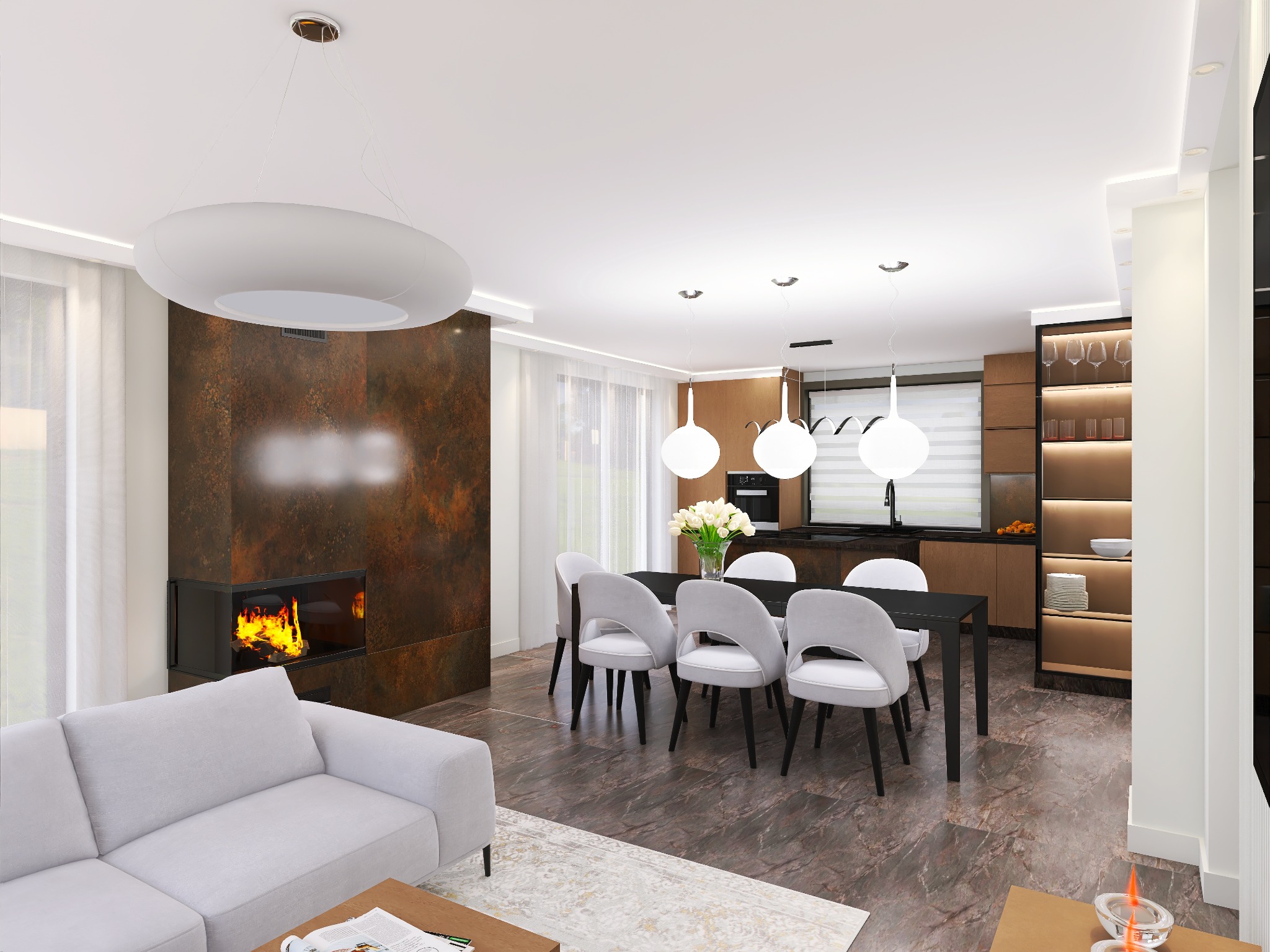 Nowoczesne wnętrze: salon z kominkiem obok sofy, jadalnia z czarnym stołem i białymi krzesłami, drewniane szafki i okrągłe lampy wiszące. Marmurowa podłoga.