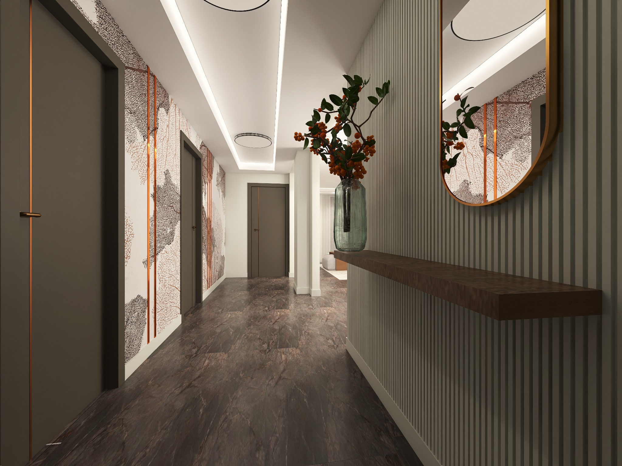 Nowoczesny korytarz z lustrem w złotej ramie, drewnianą półką, wazonem z gałązkami, wzorzystą tapetą i podłogą imitującą marmur w odcieniach brązu.