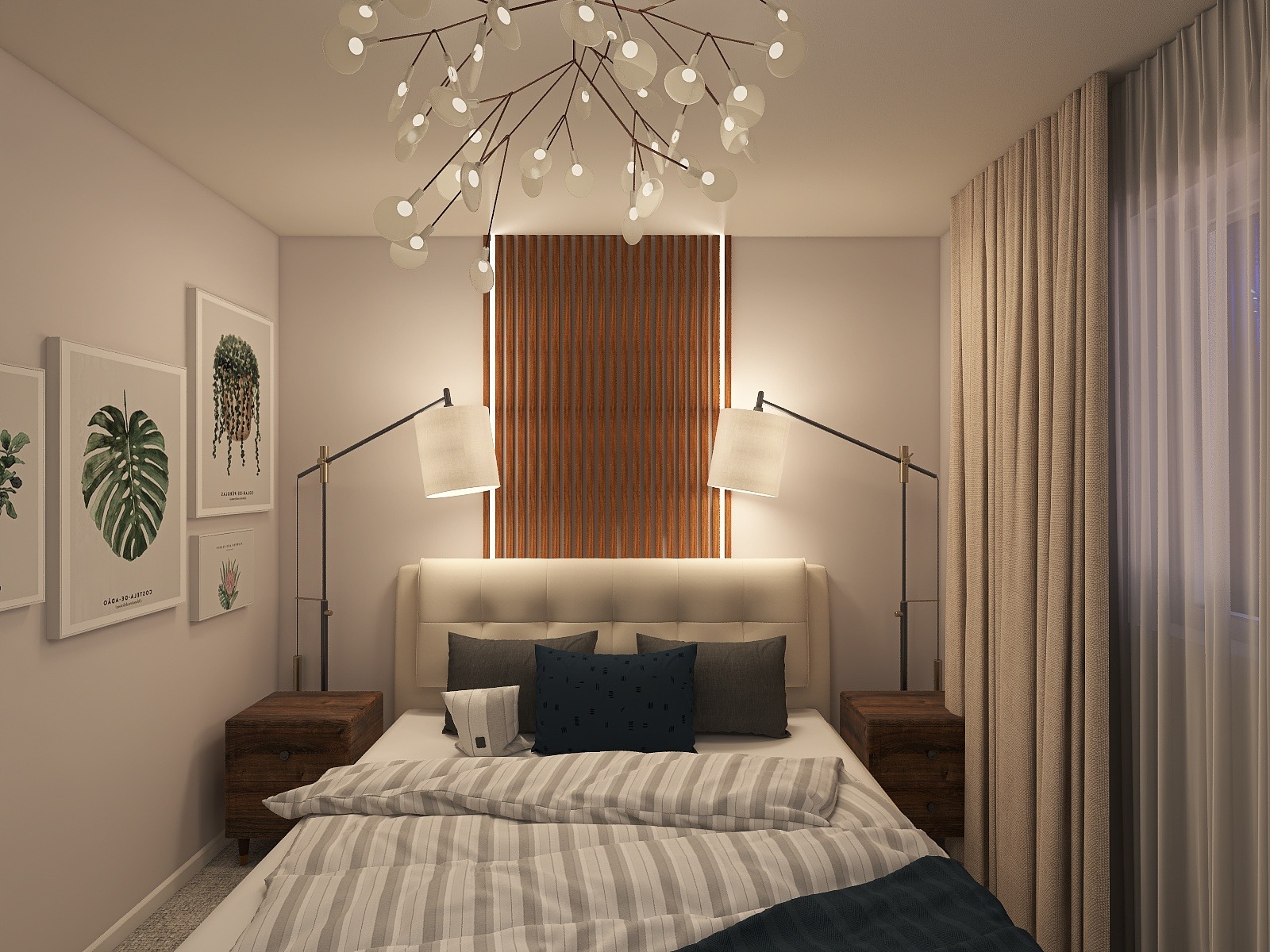 Nowoczesna sypialnia z łóżkiem, lampami podłogowymi i dekoracyjną ścianą z drewnianych paneli. Nad łóżkiem designerski żyrandol. Na ścianach grafiki z motywami roślinnymi.