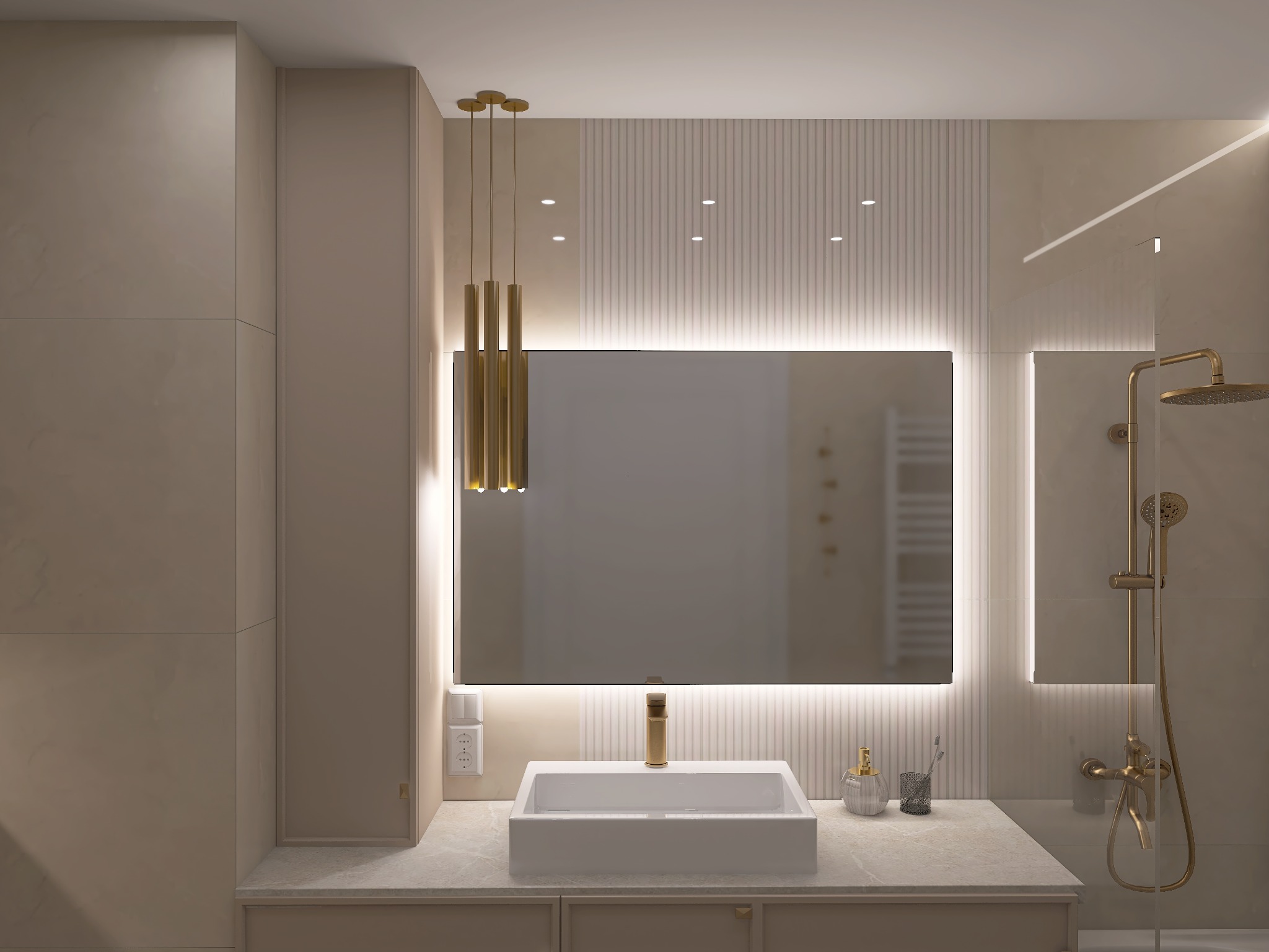 Elegancka łazienka w beżach: podświetlane lustro, złota armatura, minimalistyczna umywalka i deszczownica. Subtelne oświetlenie punktowe i płytki imitujące marmur.