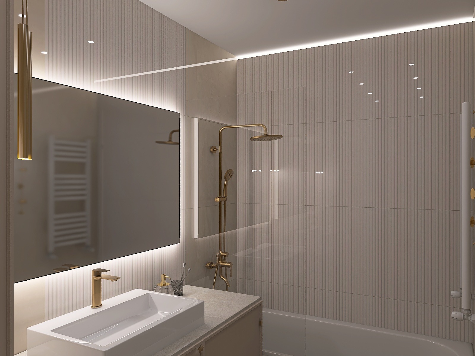 Nowoczesna łazienka w Lublinie z beżowymi płytkami, złotą armaturą i podświetlanym lustrem. Minimalistyczny design z akcentami luksusu.