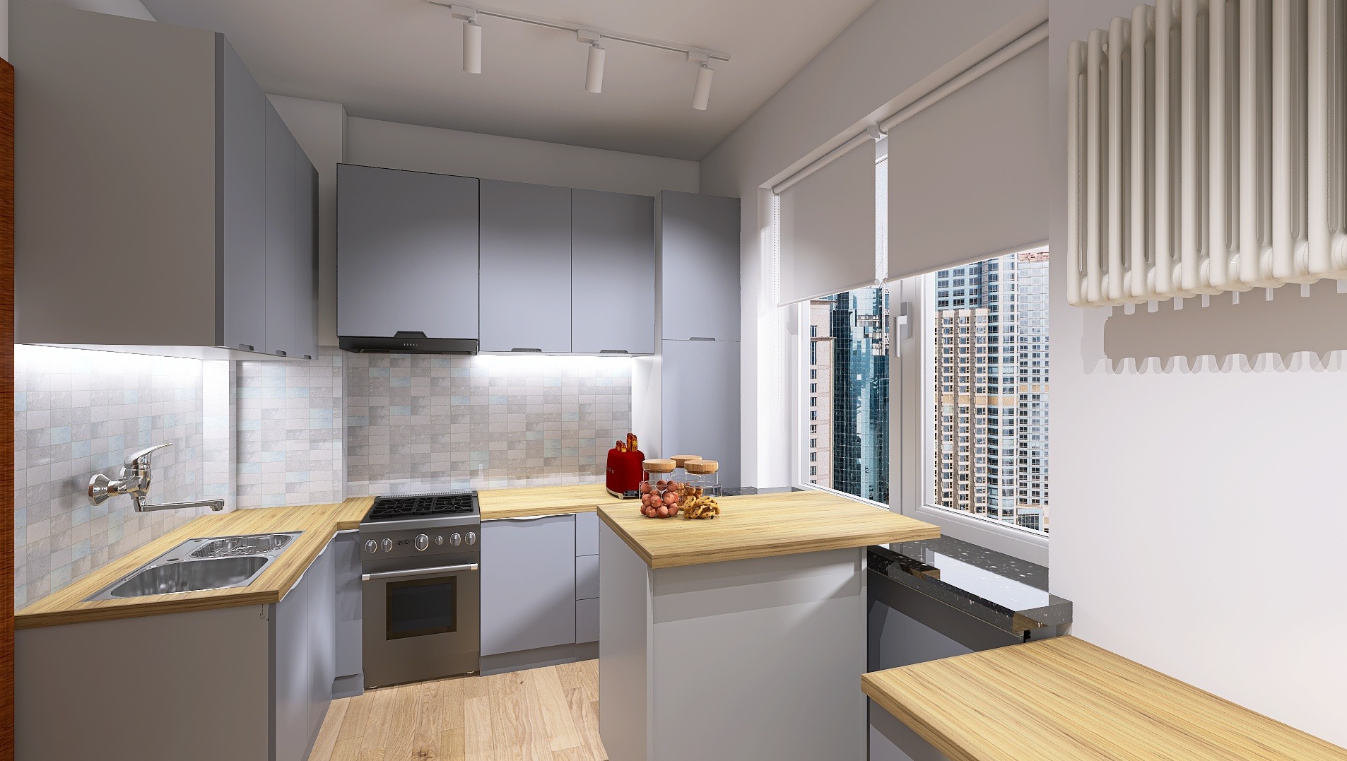 Jasna kuchnia w szarościach z drewnianym blatem i widokiem na miasto. Nowoczesne oświetlenie punktowe i płytki mozaikowe dodają elegancji.