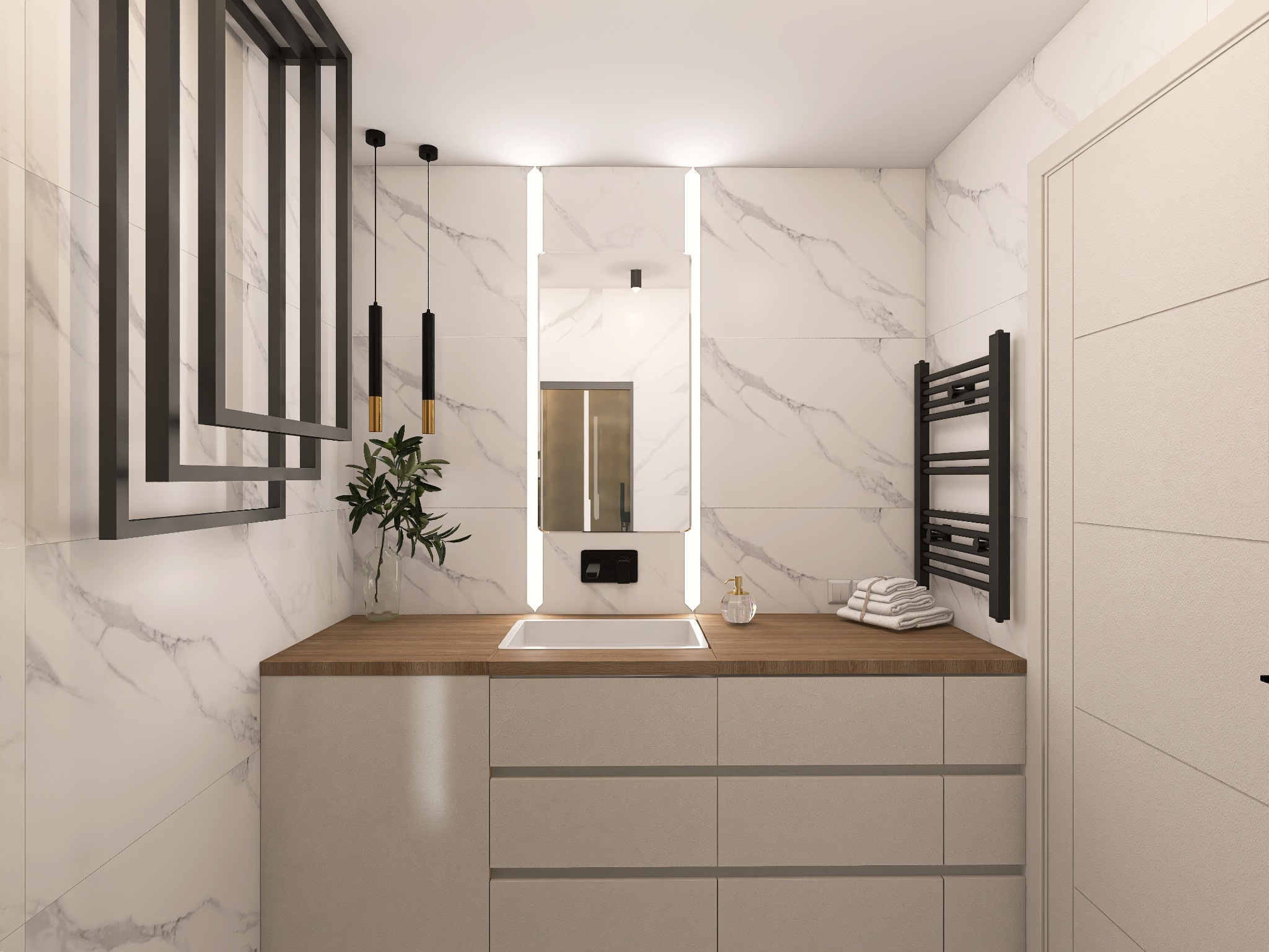 Nowoczesna łazienka z marmurowymi płytkami, drewnianym blatem i minimalistyczną armaturą. Dekoracyjny element nad umywalką i podświetlane lustro dodają elegancji.