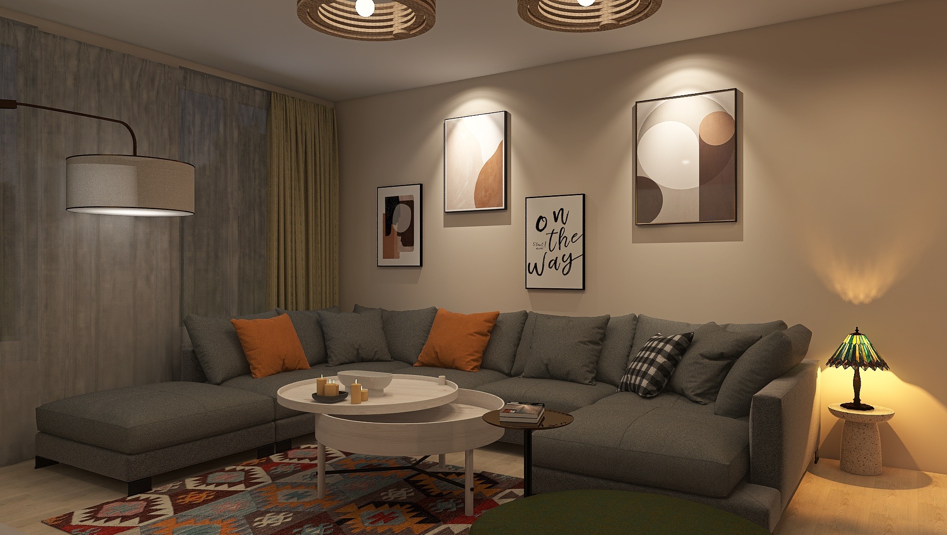 Salon z narożną sofą, okrągłym stolikiem kawowym i dekoracjami ściennymi. Dwa ażurowe plafony i lampa stołowa zapewniają ciepłe oświetlenie.