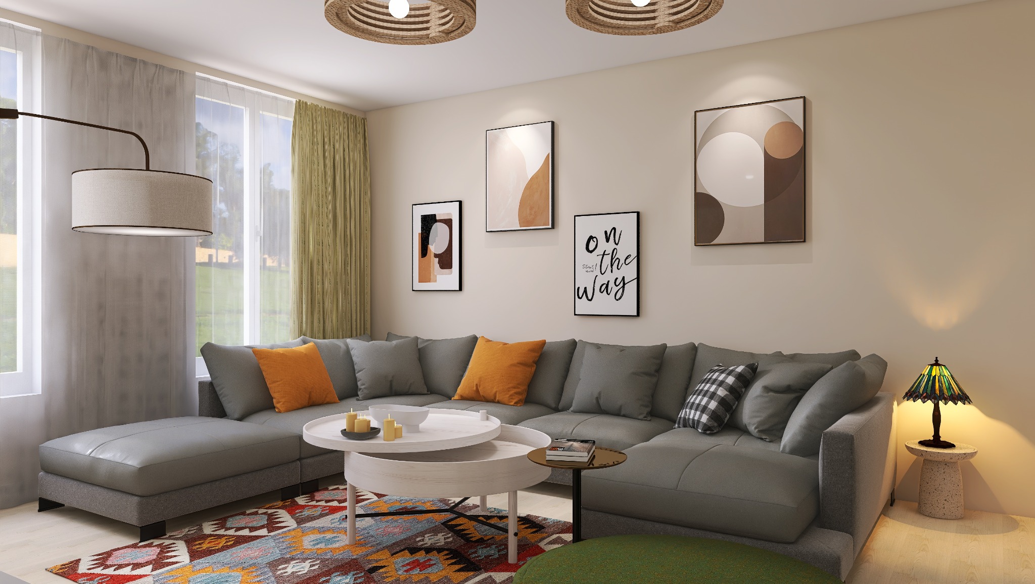 Nowoczesny salon z szarą sofą narożną, abstrakcyjnymi obrazami na ścianie i okrągłym stolikiem kawowym na wzorzystym dywanie, oświetlony lampami.