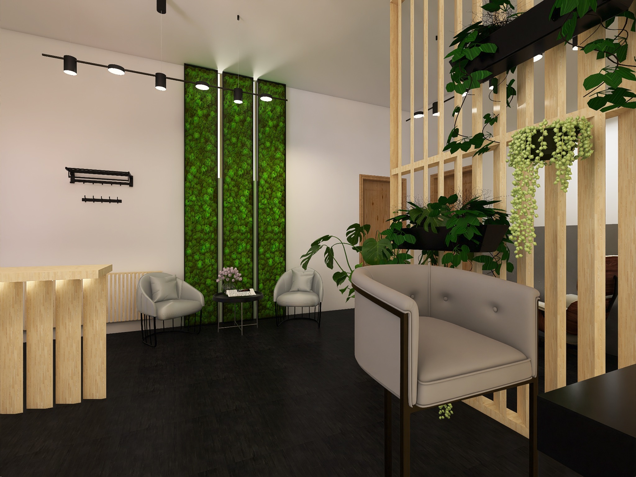 Nowoczesna poczekalnia z panelami z mchu, drewnianą ścianką działową z roślinami i szarymi fotelami. Minimalistyczny wystrój z czarną podłogą i oświetleniem punktowym.