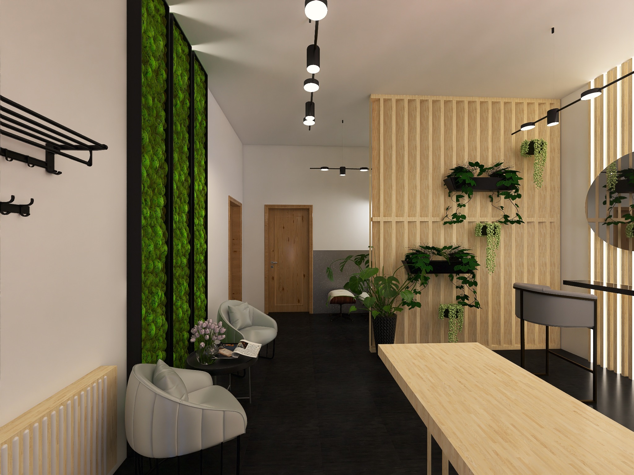 Nowoczesne wnętrze biurowe z panelami z mchu, drewnianą ścianką działową i minimalistycznym oświetleniem. Stonowana kolorystyka, rośliny doniczkowe i eleganckie meble.