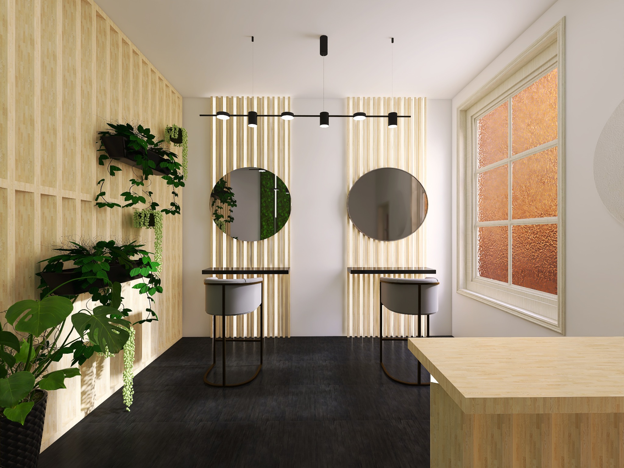 Salon fryzjerski w jasnych barwach z drewnianymi panelami, okrągłymi lustrami i roślinami doniczkowymi, oświetlony lampami sufitowymi. Nowoczesny design.