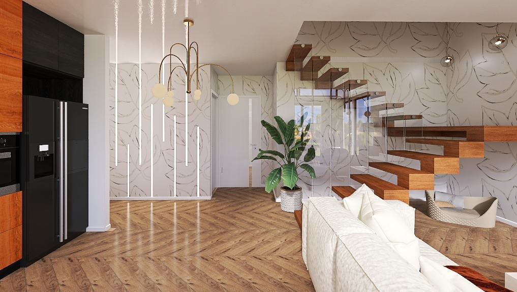 Nowoczesne wnętrze z drewnianymi schodami bez balustrady, parkietem w jodełkę i designerską lampą. Ściany zdobi tapeta w liście.