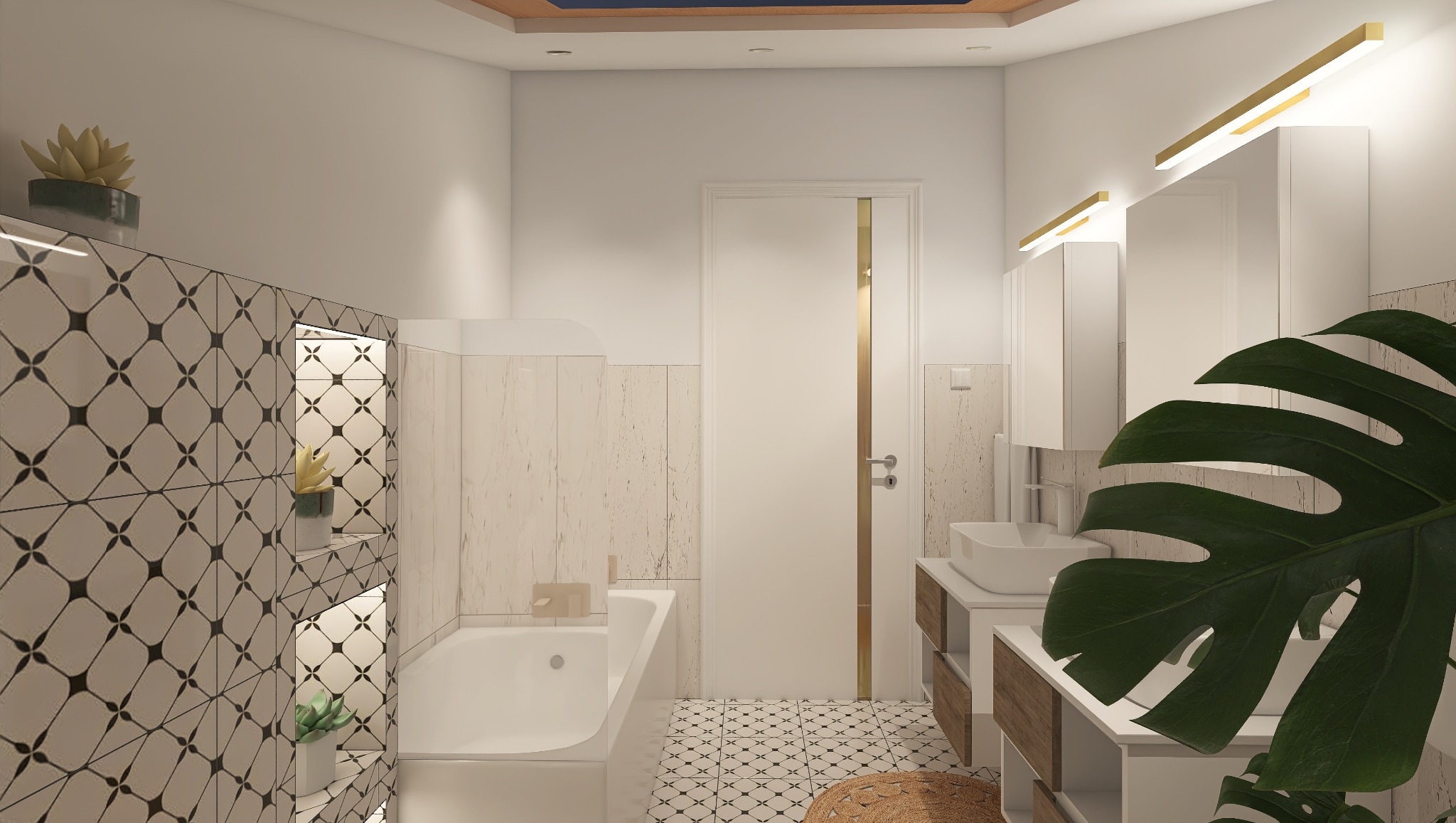 Nowoczesna łazienka z białą wanną, umywalką na szafce z drewnianymi akcentami i dekoracyjnymi płytkami. Oświetlenie LED i roślina doniczkowa dodają wnętrzu przytulności.