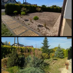 Zdjęcie 'przed i po' ukazujące metamorfozę ogrodu: od zarośniętej przestrzeni do przygotowanego terenu z kamieniami, niskimi drzewkami i ozdobnymi trawami w słoneczny dzień.