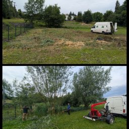 Zielona Rączka - Dwuetapowe ujęcie: teren przed (góra) i w trakcie (dół) wycinki drzew. Widoczny samochód dostawczy, pracownicy i maszyna do rozdrabniania gałęzi.