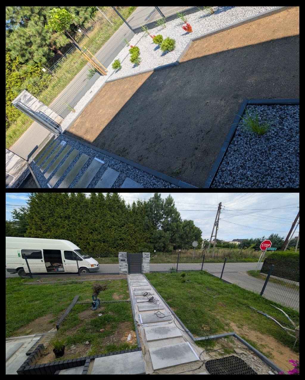 Dwa ujęcia: zagospodarowany teren z kamieniami, roślinami, trawnikiem i ścieżką z płyt oraz teren z przygotowaną ścieżką i widocznym busem w tle.