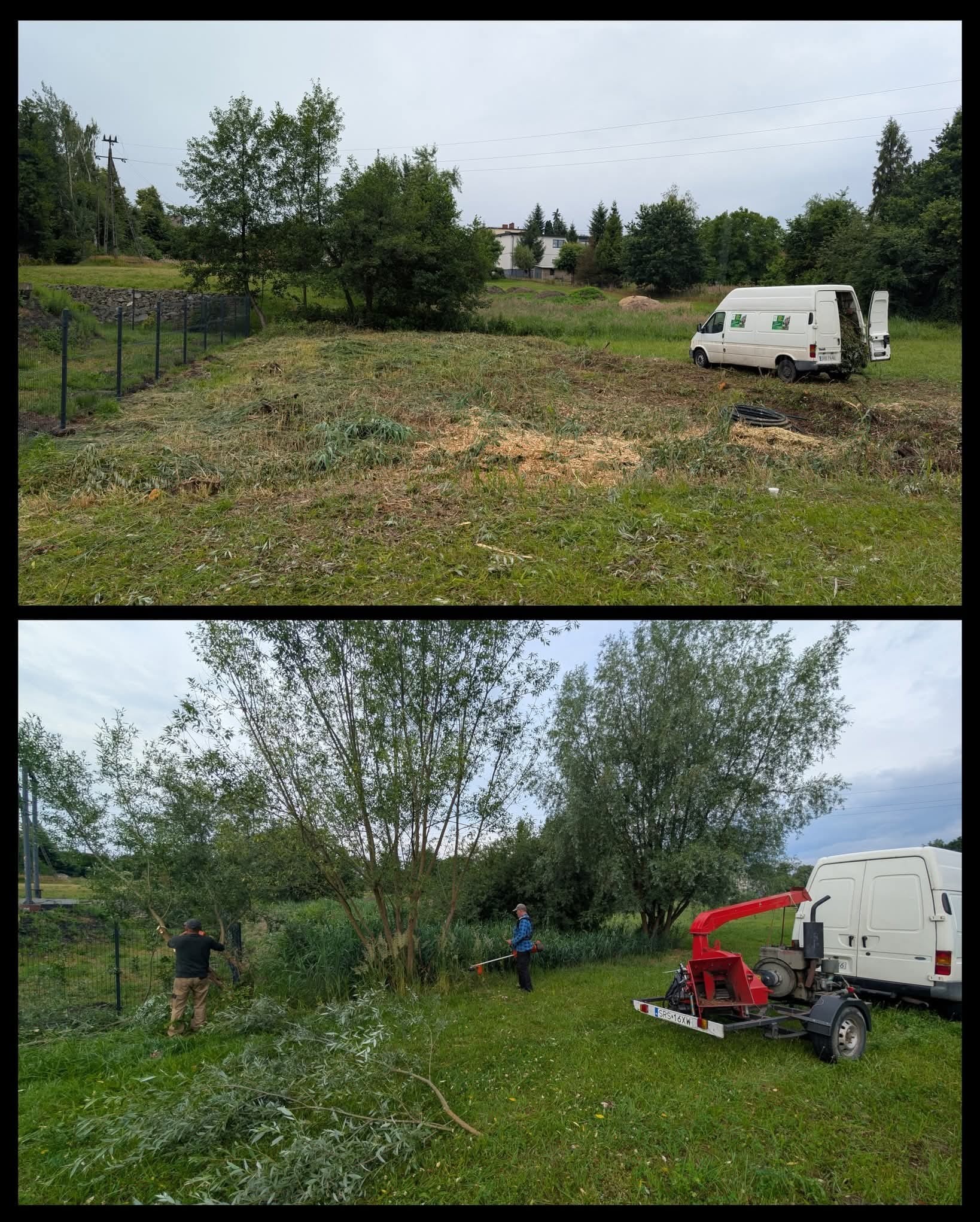 Dwuetapowe ujęcie: teren przed (góra) i w trakcie (dół) wycinki drzew. Widoczny samochód dostawczy, pracownicy i maszyna do rozdrabniania gałęzi.