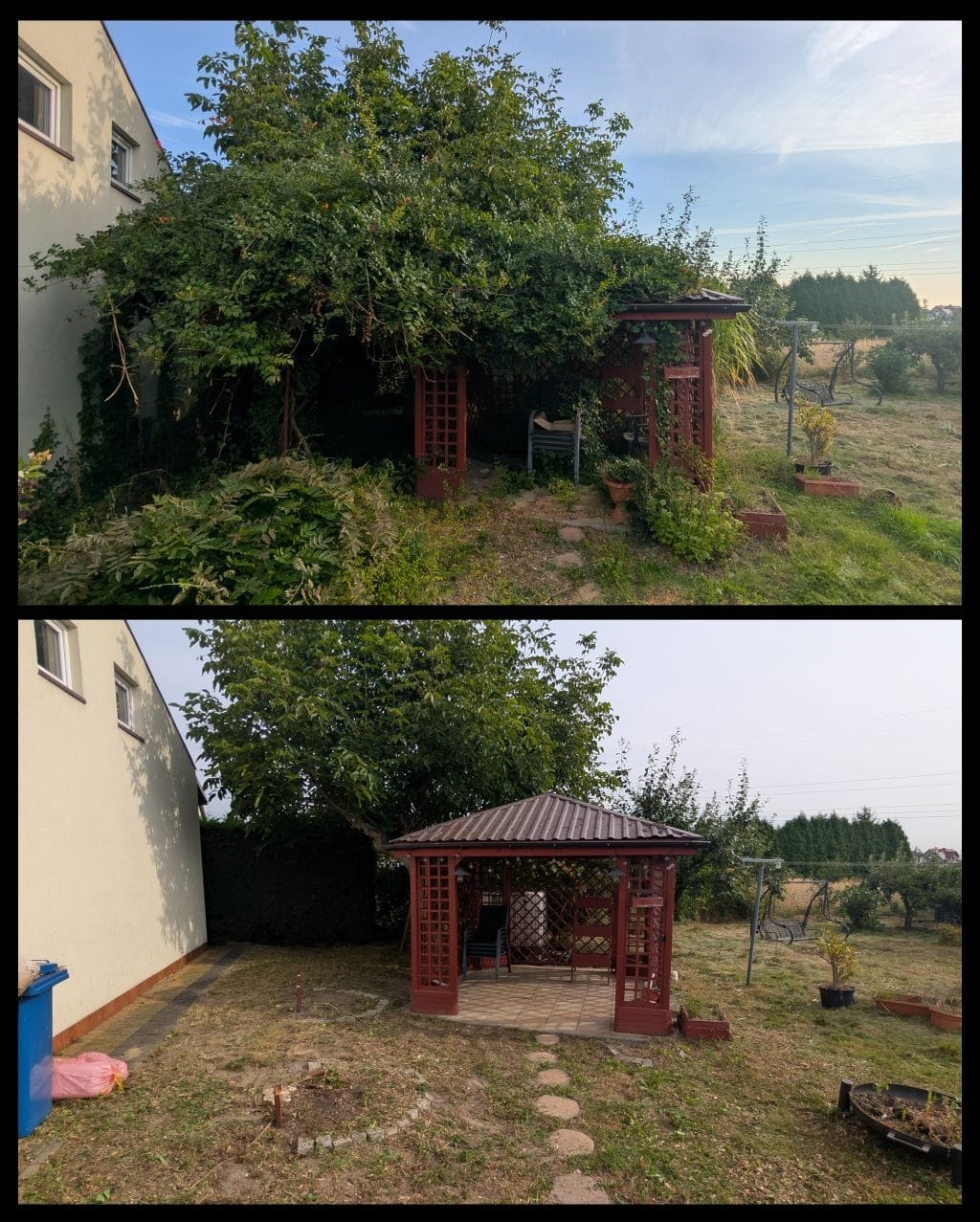 Zdjęcie 'przed i po' ukazuje altanę: najpierw porośniętą roślinnością, a później schludnie odsłoniętą, z uporządkowanym otoczeniem i ścieżką.