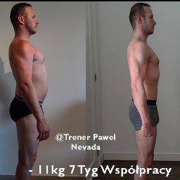 Paweł Nevada - Mężczyzna przed i po 7 tygodniach współpracy z trenerem personalnym, widoczna utrata wagi i poprawa sylwetki. Profil, neutralne tło.