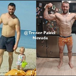 Paweł Nevada - Mężczyzna prezentuje transformację sylwetki: zdjęcie 'przed' na plaży z dzieckiem i 'po' w kuchni, eksponując muskulaturę. Widoczny napis '@Trener Paweł Nevada'.