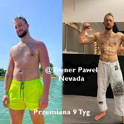 Paweł Nevada - Mężczyzna przed i po 9-tygodniowej przemianie sylwetki. Po lewej: sylwetka przed, na tle jeziora. Po prawej: po treningach, z widocznymi mięśniami.