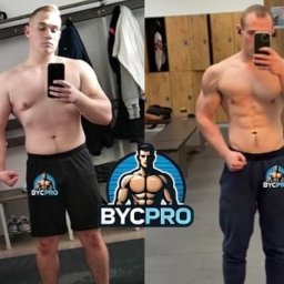 Paweł Nevada - Mężczyzna przed i po treningu, prezentujący transformację sylwetki. Widoczne zmiany w muskulaturze i redukcji tkanki tłuszczowej. Logo BYCPRO na odzieży.