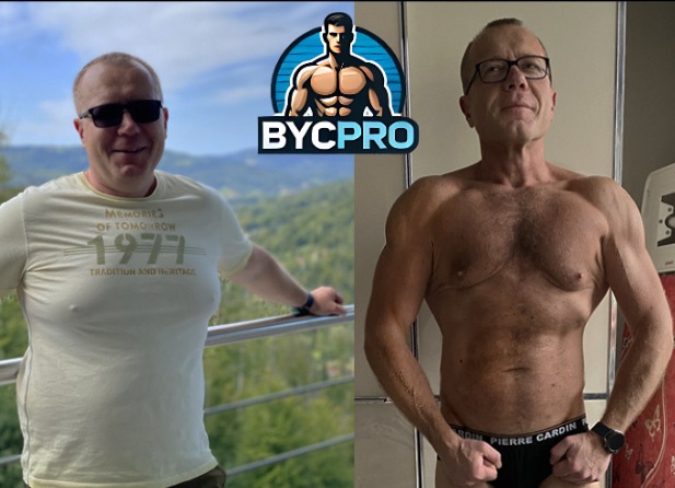 Mężczyzna przed i po treningu, widoczna transformacja sylwetki. Po lewej stronie w koszulce, po prawej bez koszulki, zarysowane mięśnie. Logo BYCPRO w tle.