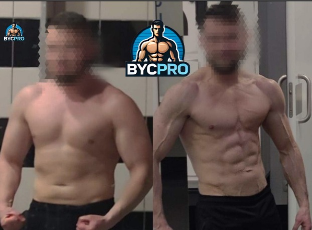 Męska sylwetka przed i po treningu, widoczne efekty pracy nad mięśniami brzucha i ramion. Logo firmy BYCPRO w tle. Ukazanie progresu treningowego.