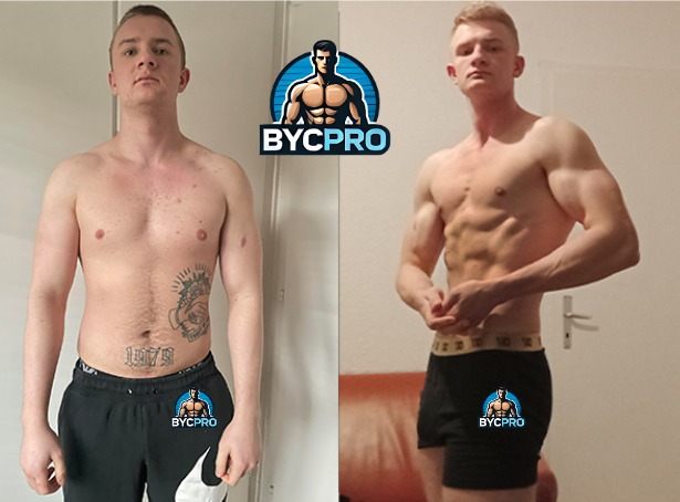 Mężczyzna przed i po treningu. Po lewej sylwetka przed, po prawej widoczna poprawa muskulatury. Logo BYCPRO na ubraniach. Efekt wizualny treningu personalnego.