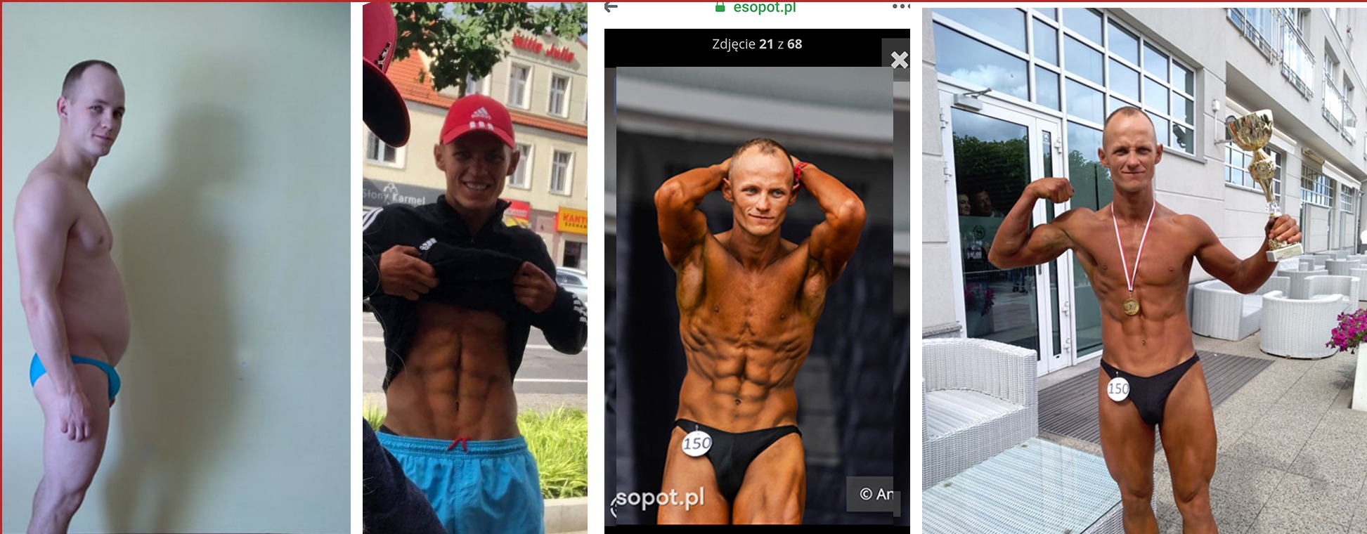 Cztery zdjęcia sylwetki mężczyzny, prezentujące transformację: od sylwetki przed treningiem, przez etap pośredni, po sylwetkę po treningach i z nagrodą.