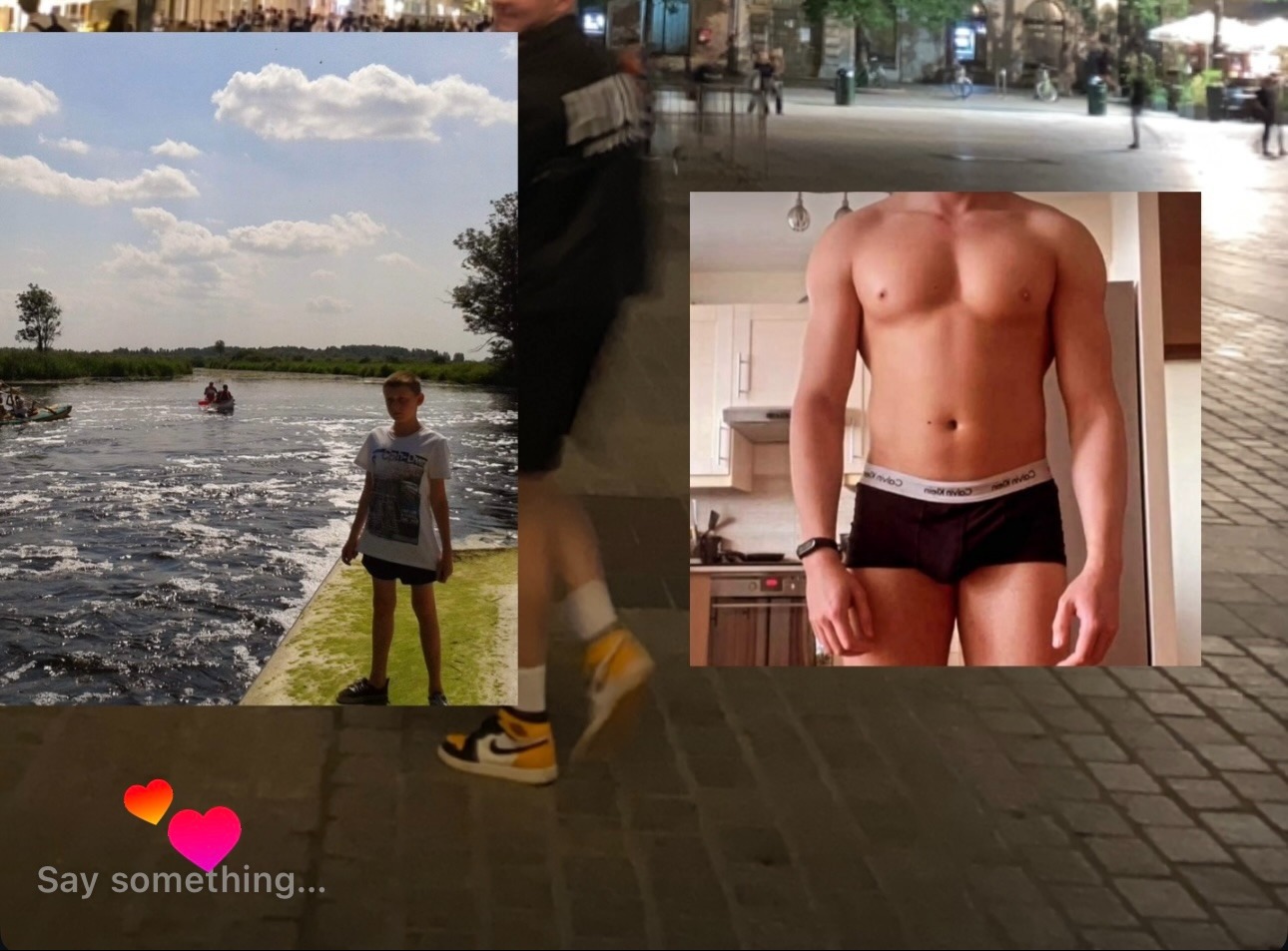 Kompozycja z fragmentów zdjęć: chłopak nad rzeką, sylwetka mężczyzny w bieliźnie, fragment chodnika i osoby w tle. Nietypowe zestawienie.