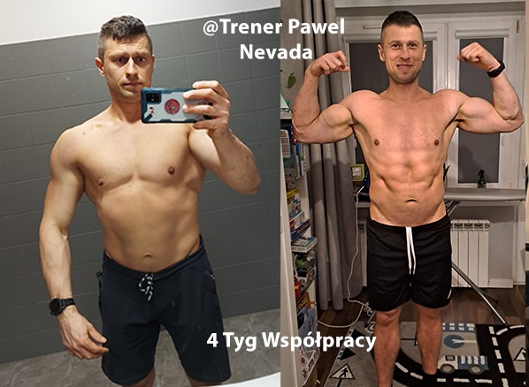 Mężczyzna prezentuje efekty 4-tygodniowej współpracy, porównując sylwetkę przed i po treningach. Widoczne zmiany w muskulaturze i redukcji tkanki tłuszczowej.