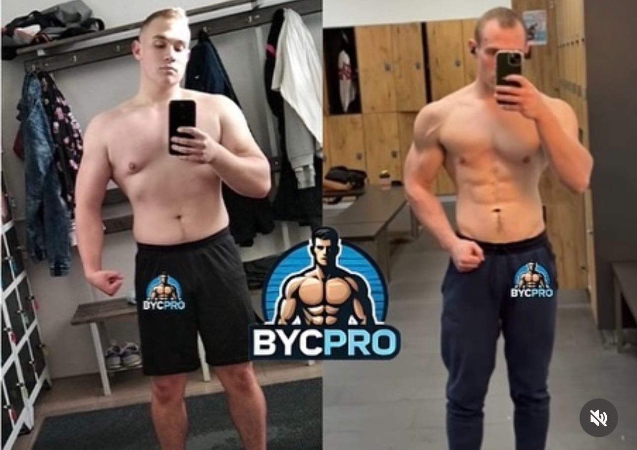 Mężczyzna przed i po treningu, prezentujący transformację sylwetki. Widoczne zmiany w muskulaturze i redukcji tkanki tłuszczowej. Logo BYCPRO na odzieży.