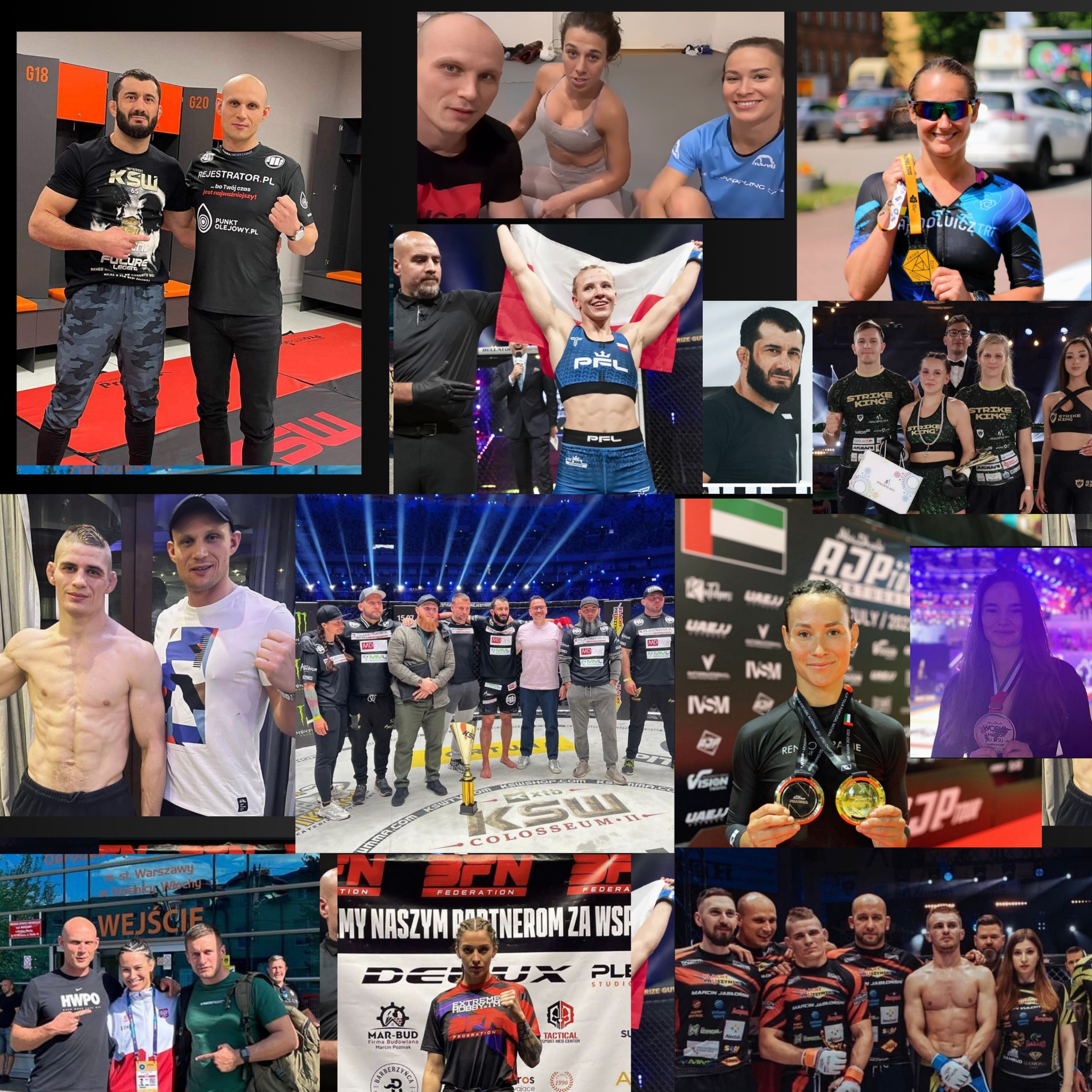 Kolaż zdjęć sportowców, w tym zawodników MMA i triathlonu, prezentujących medale i trofea, z widocznymi logotypami sponsorów i organizacji sportowych.