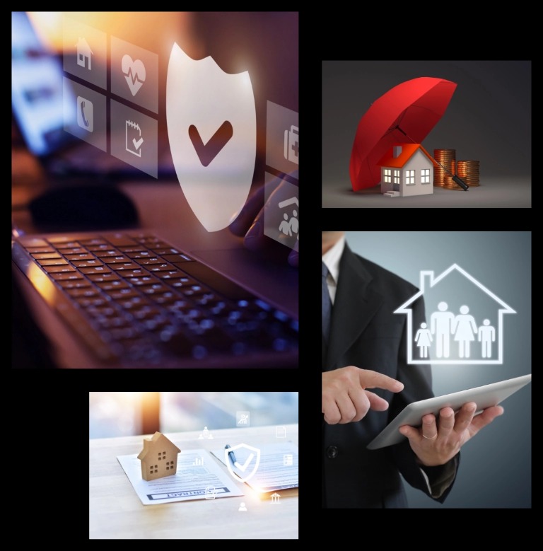 Kompozycja z motywami ubezpieczeniowymi: dom pod parasolem, rodzina w domu, umowa i tarcza na laptopie, sugerująca ochronę życia, majątku i przyszłości.