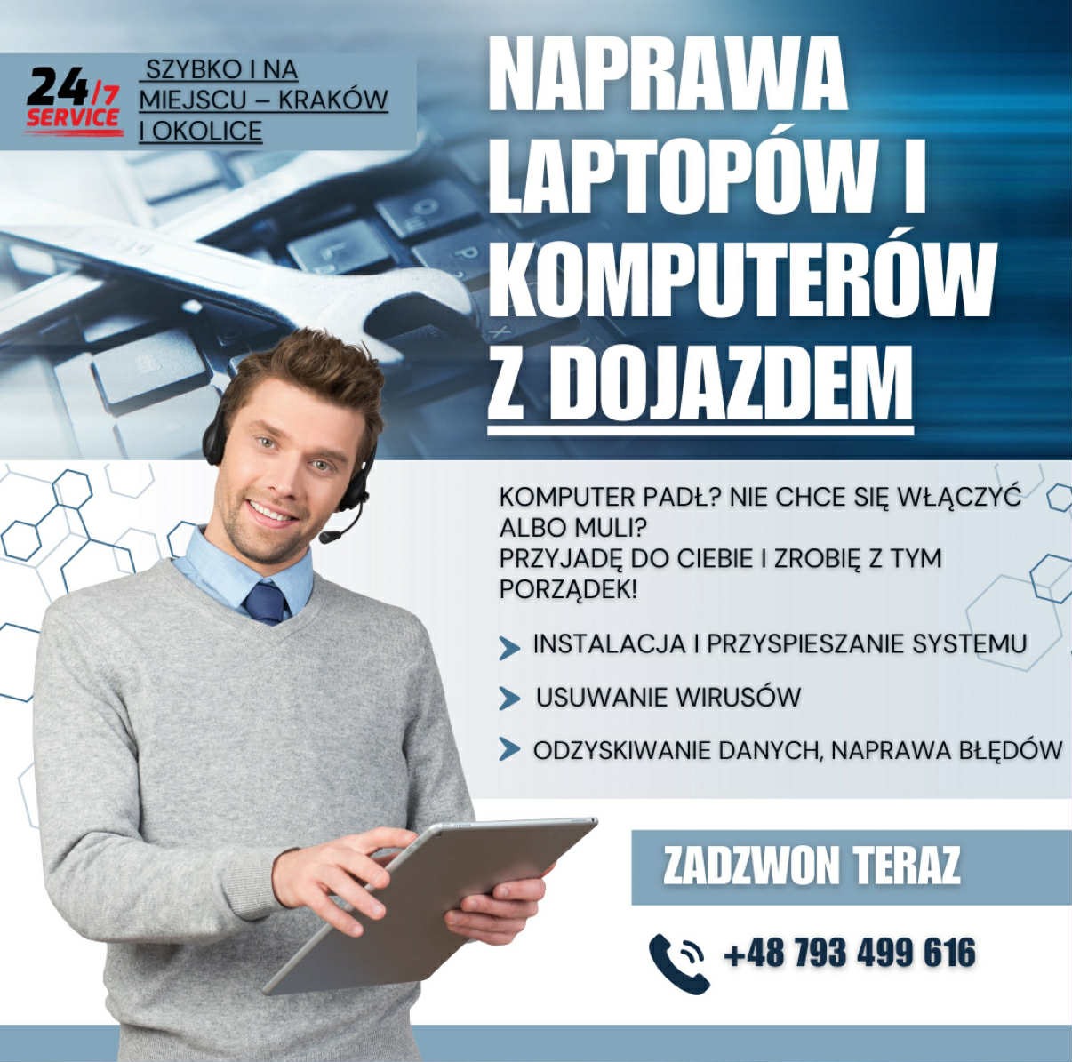 Mężczyzna z zestawem słuchawkowym trzyma tablet na tle grafiki z hasłem 'Naprawa laptopów i komputerów z dojazdem' oraz klawiaturą i kluczem.
