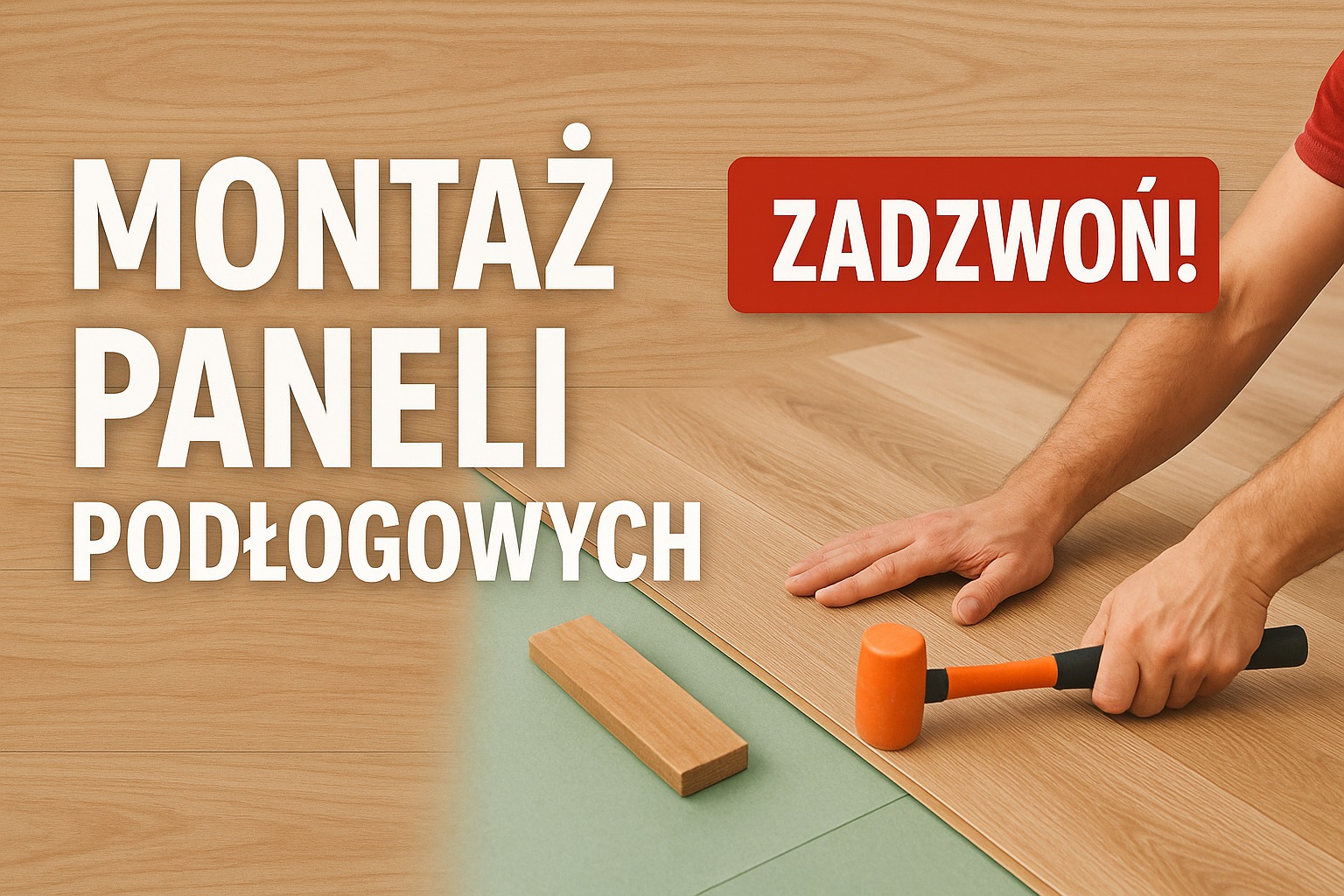 Montaż paneli podłogowych: dłoń z młotkiem gumowym dociska panel do podłoża. Widoczny fragment panela i podkładu. U góry napis 'Zadzwoń!'